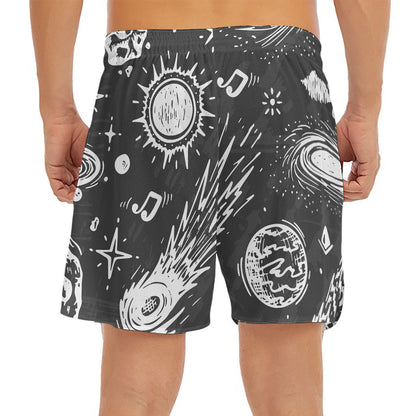 Black White Galaxy Outer Space Print Men's Split Running Shorts