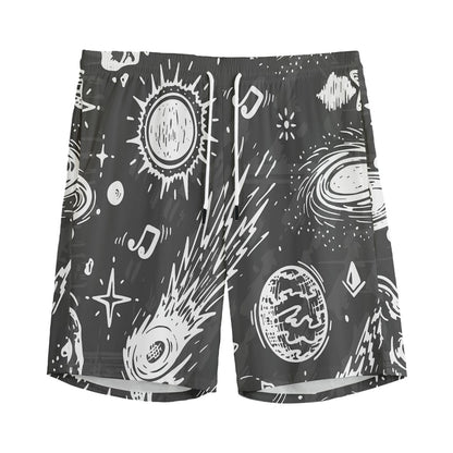 Black White Galaxy Outer Space Print Men's Sports Shorts