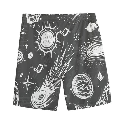 Black White Galaxy Outer Space Print Men's Sports Shorts