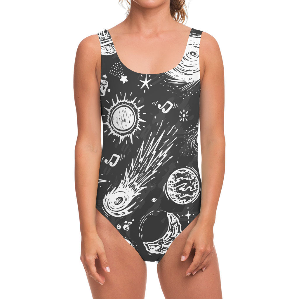 Black White Galaxy Outer Space Print One Piece Swimsuit