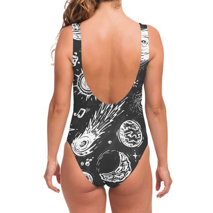 Black White Galaxy Outer Space Print One Piece Swimsuit