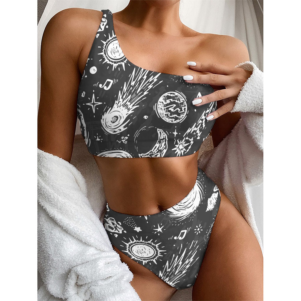 Black White Galaxy Outer Space Print One Shoulder Bikini Top