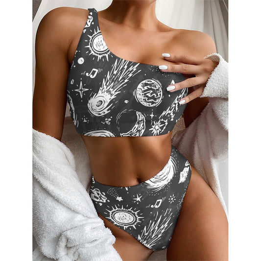 Black White Galaxy Outer Space Print One Shoulder Bikini Top