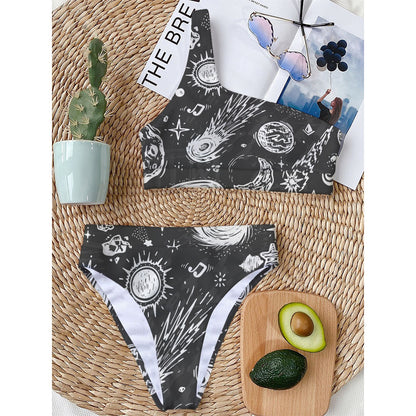 Black White Galaxy Outer Space Print One Shoulder Bikini Top