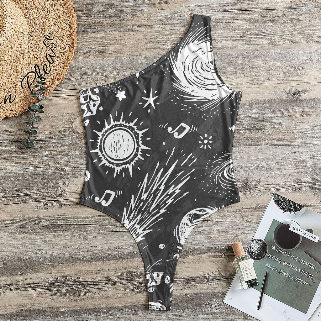 Black White Galaxy Outer Space Print One Shoulder Bodysuit