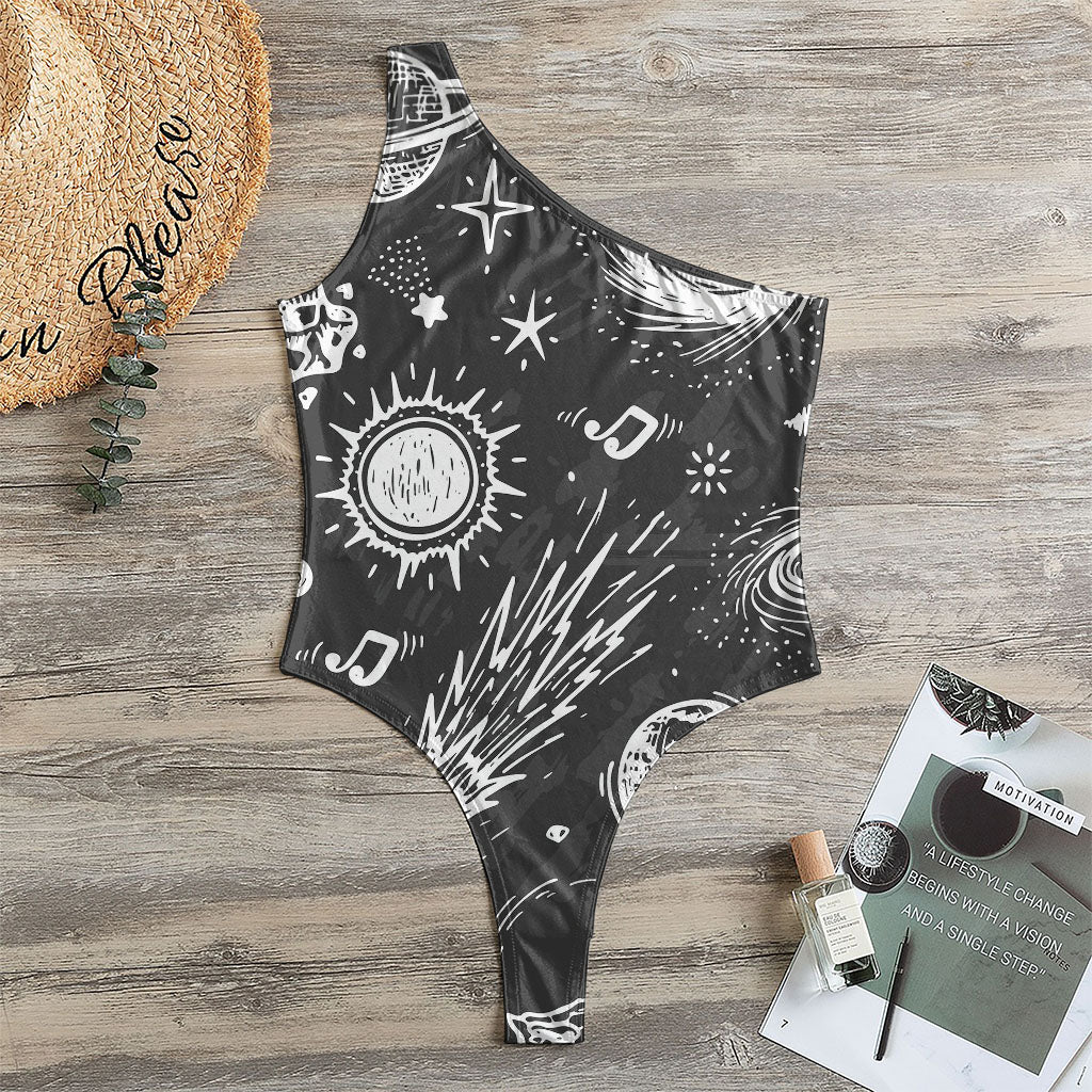 Black White Galaxy Outer Space Print One Shoulder Bodysuit