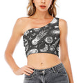 Black White Galaxy Outer Space Print One Shoulder Crop Top