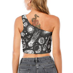 Black White Galaxy Outer Space Print One Shoulder Crop Top