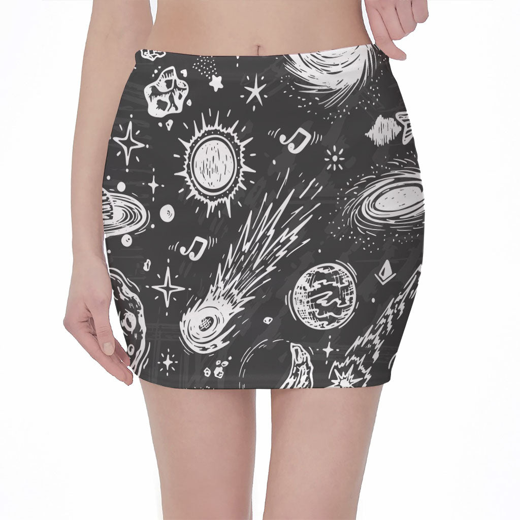 Black White Galaxy Outer Space Print Pencil Mini Skirt