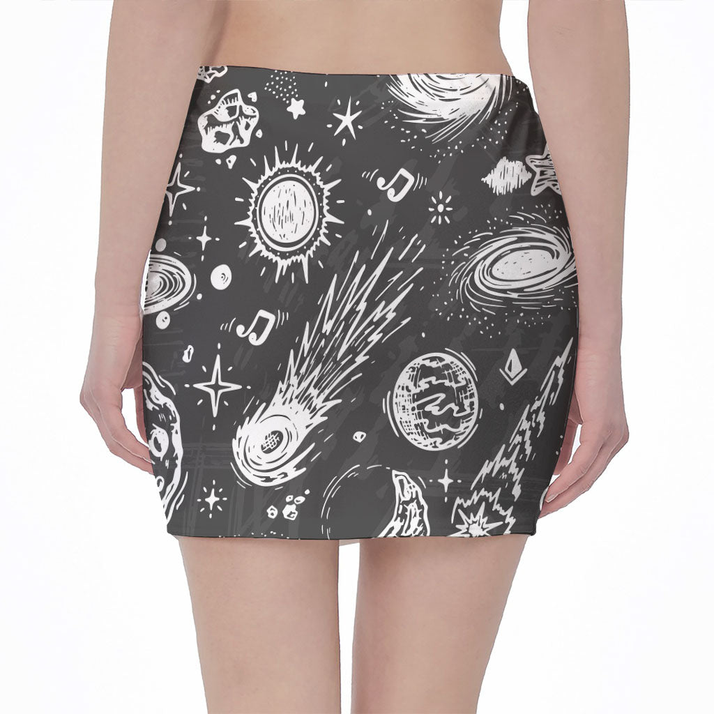 Black White Galaxy Outer Space Print Pencil Mini Skirt