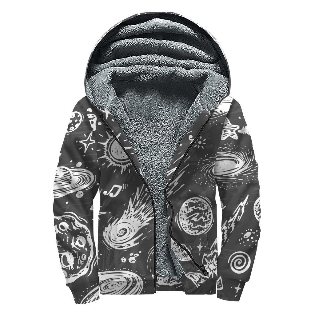 Black White Galaxy Outer Space Print Sherpa Lined Zip Up Hoodie