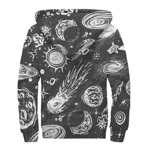 Black White Galaxy Outer Space Print Sherpa Lined Zip Up Hoodie