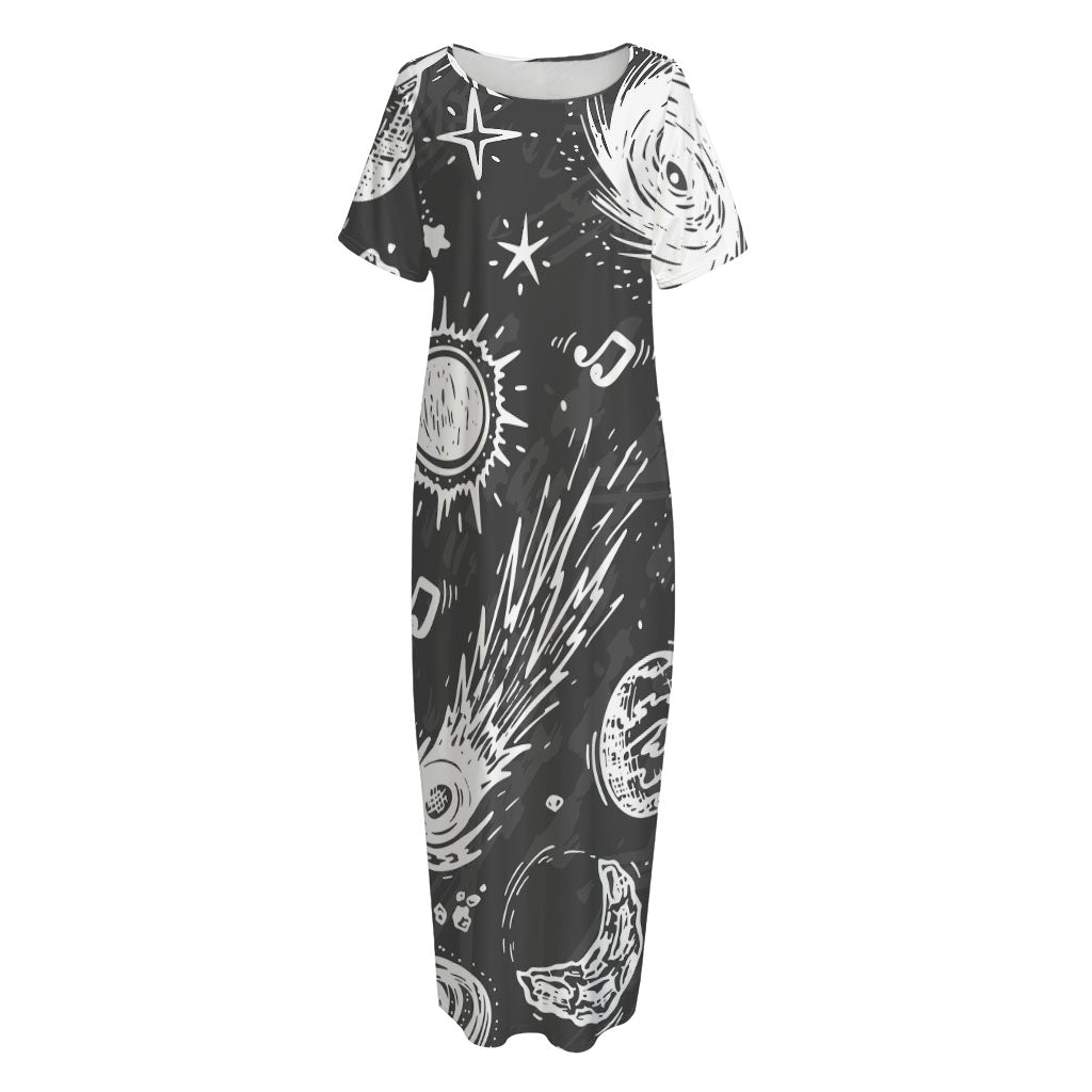 Black White Galaxy Outer Space Print Short Sleeve Long Nightdress