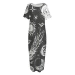 Black White Galaxy Outer Space Print Short Sleeve Long Nightdress
