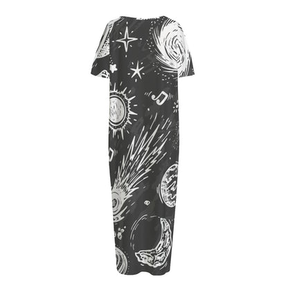 Black White Galaxy Outer Space Print Short Sleeve Long Nightdress