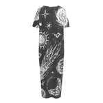 Black White Galaxy Outer Space Print Short Sleeve Long Nightdress