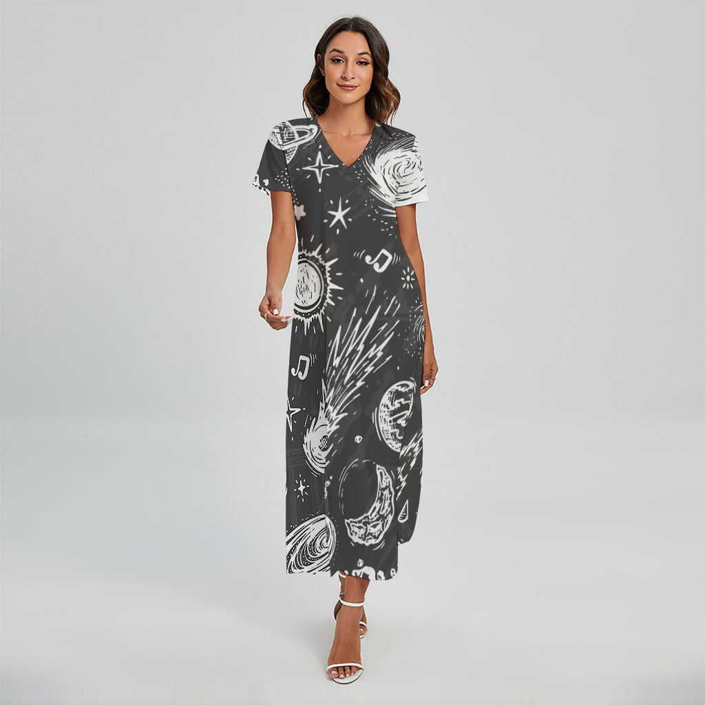 Black White Galaxy Outer Space Print Short Sleeve Maxi Dress