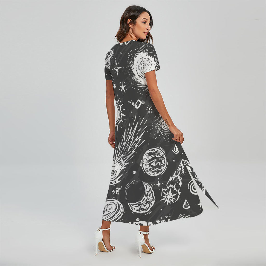 Black White Galaxy Outer Space Print Short Sleeve Maxi Dress