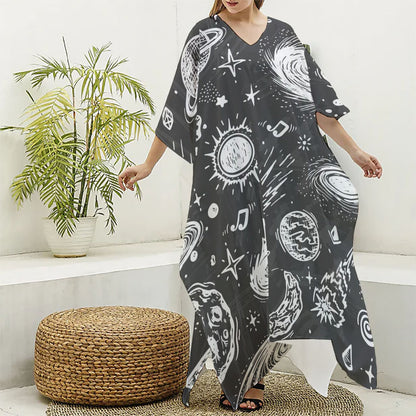 Black White Galaxy Outer Space Print Silk V-Neck Kaftan Dress