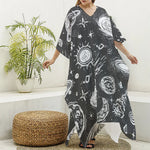 Black White Galaxy Outer Space Print Silk V-Neck Kaftan Dress