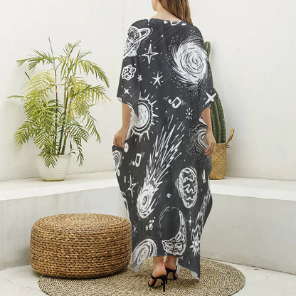 Black White Galaxy Outer Space Print Silk V-Neck Kaftan Dress