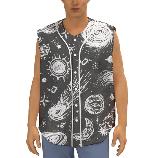 Black White Galaxy Outer Space Print Sleeveless Baseball Jersey