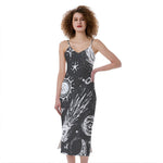 Black White Galaxy Outer Space Print Slim Fit Midi Cami Dress