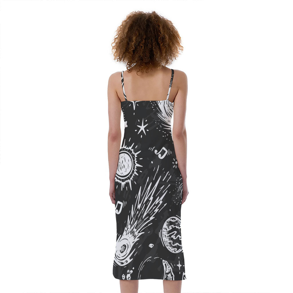 Black White Galaxy Outer Space Print Slim Fit Midi Cami Dress