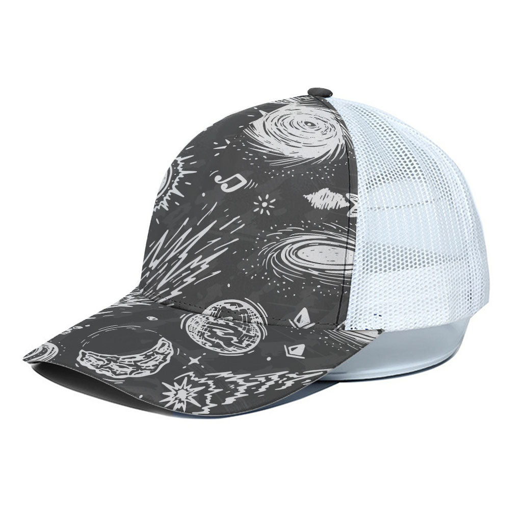 Black White Galaxy Outer Space Print White Mesh Trucker Cap