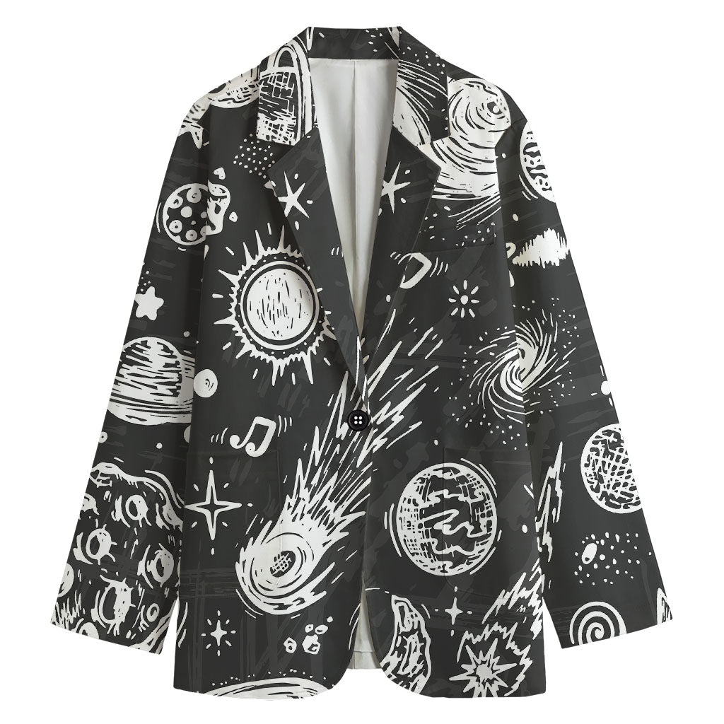 Black White Galaxy Outer Space Print Women's Cotton Blazer