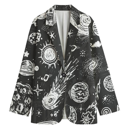 Black White Galaxy Outer Space Print Women's Cotton Blazer