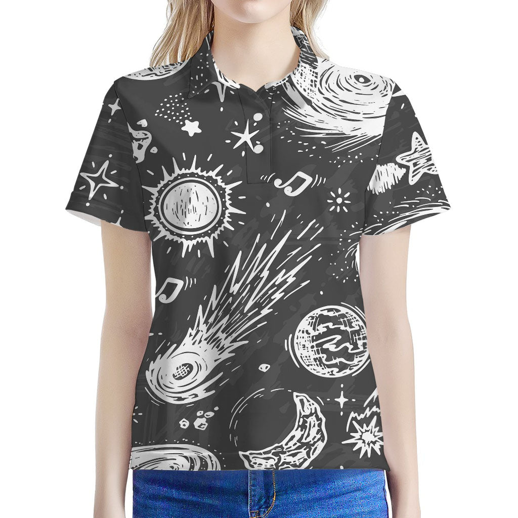 Black White Galaxy Outer Space Print Women's Polo Shirt