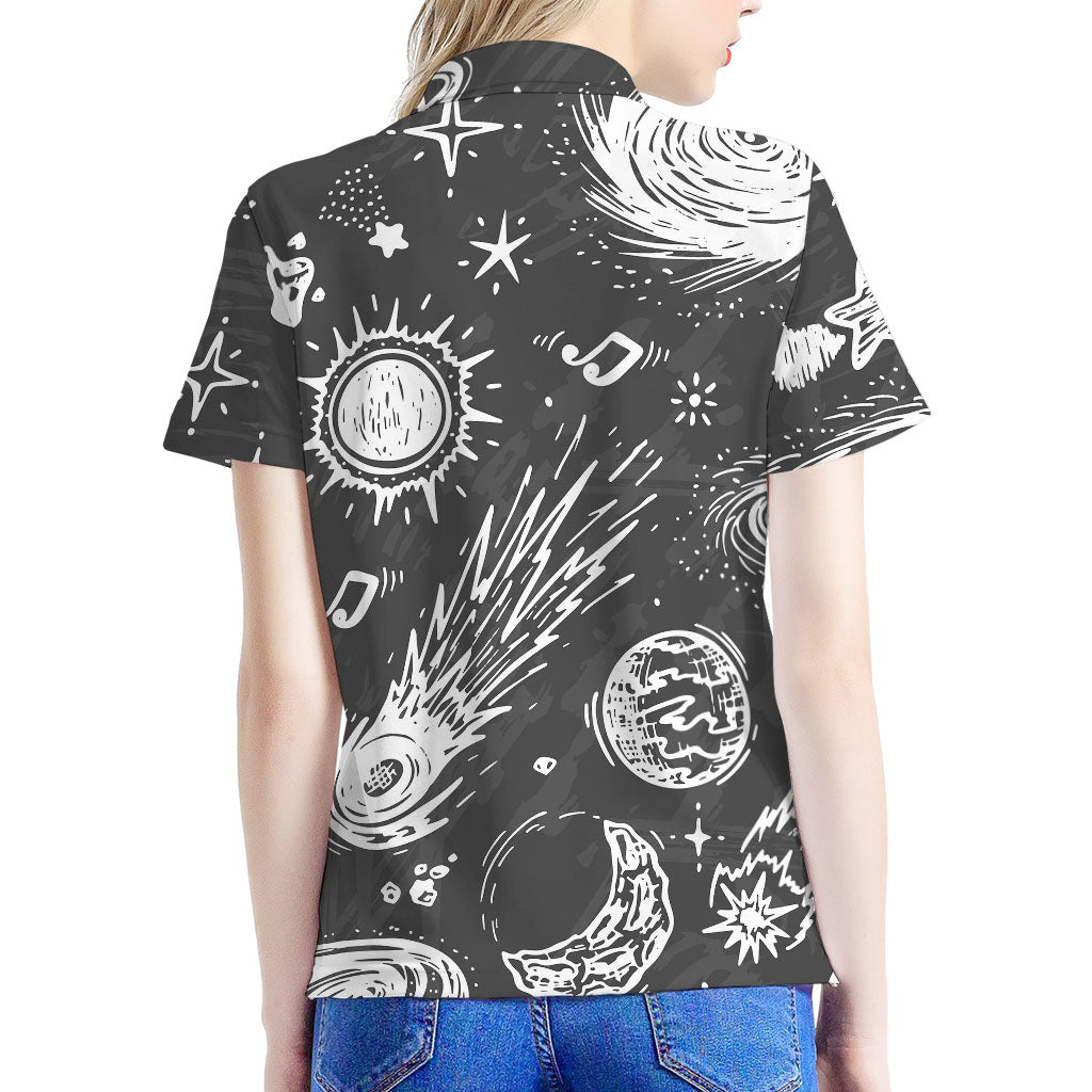 Black White Galaxy Outer Space Print Women's Polo Shirt