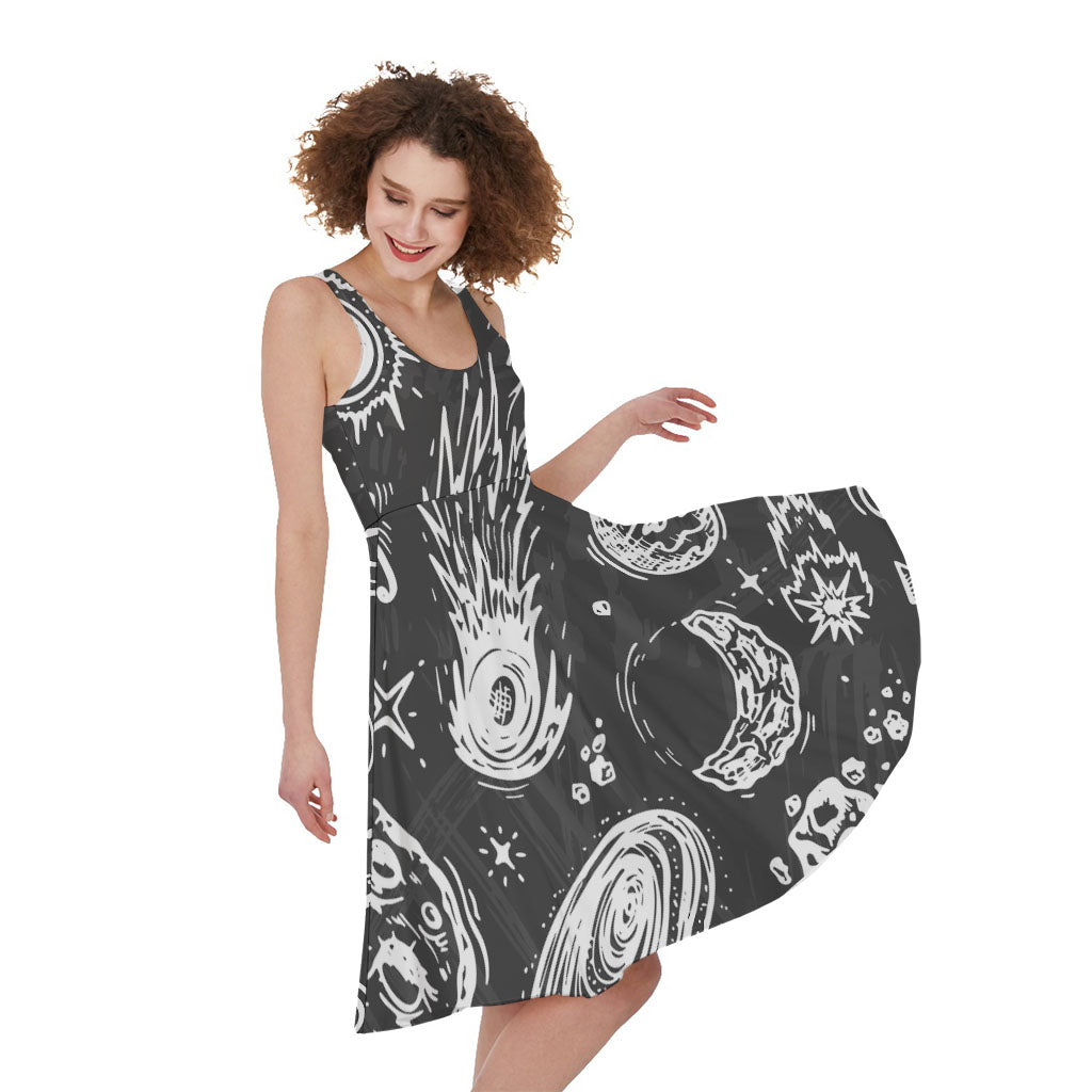 Black White Galaxy Outer Space Print Women's Sleeveless Dress