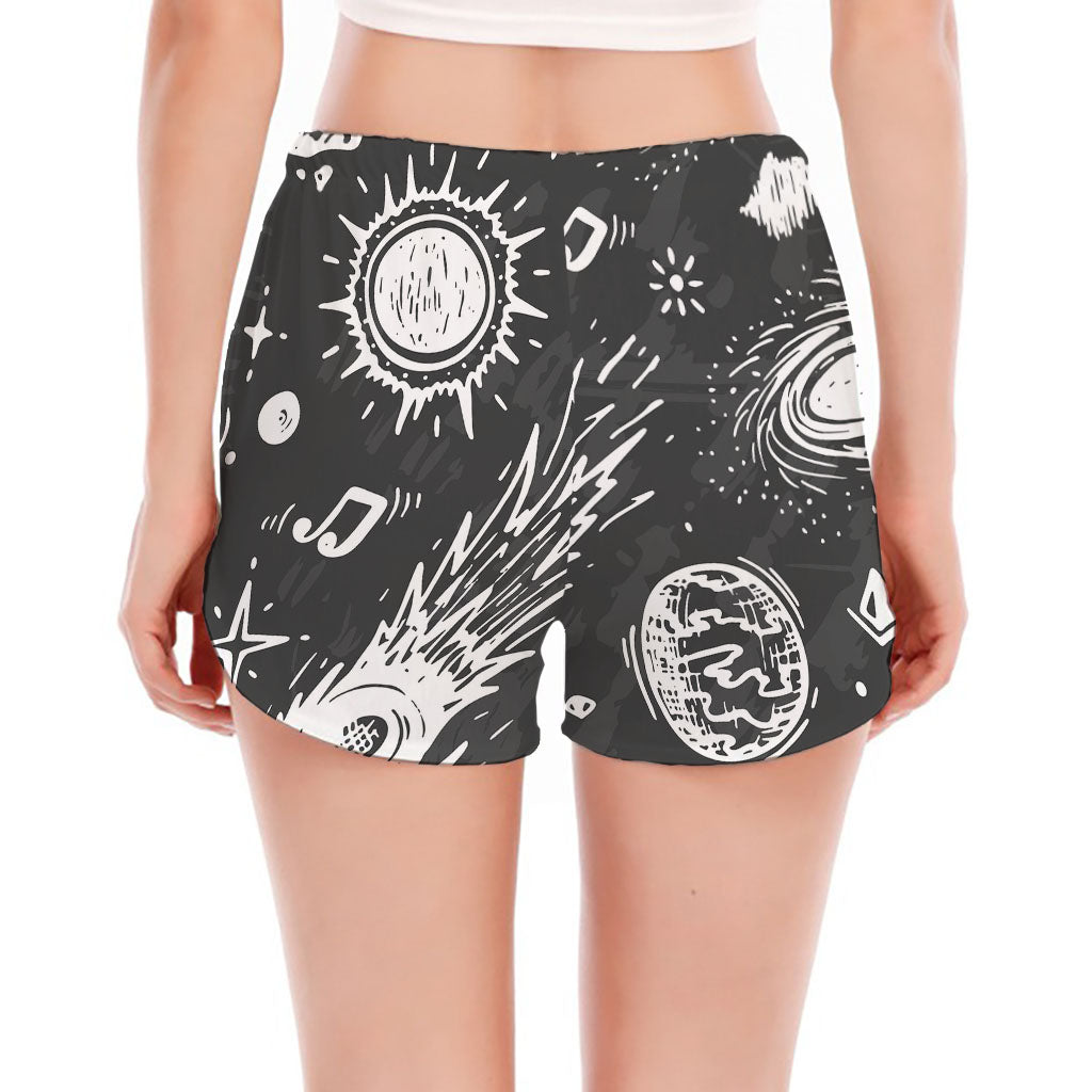 Black White Galaxy Outer Space Print Women's Split Running Shorts