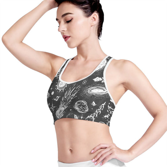 Black White Galaxy Outer Space Print Women's Sports Bra