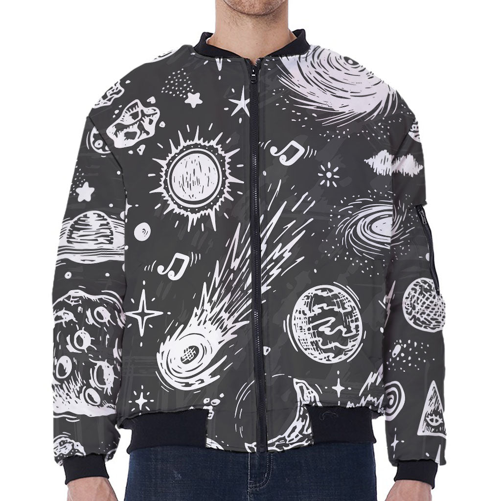 Black White Galaxy Outer Space Print Zip Sleeve Bomber Jacket