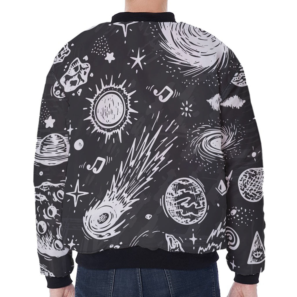 Black White Galaxy Outer Space Print Zip Sleeve Bomber Jacket