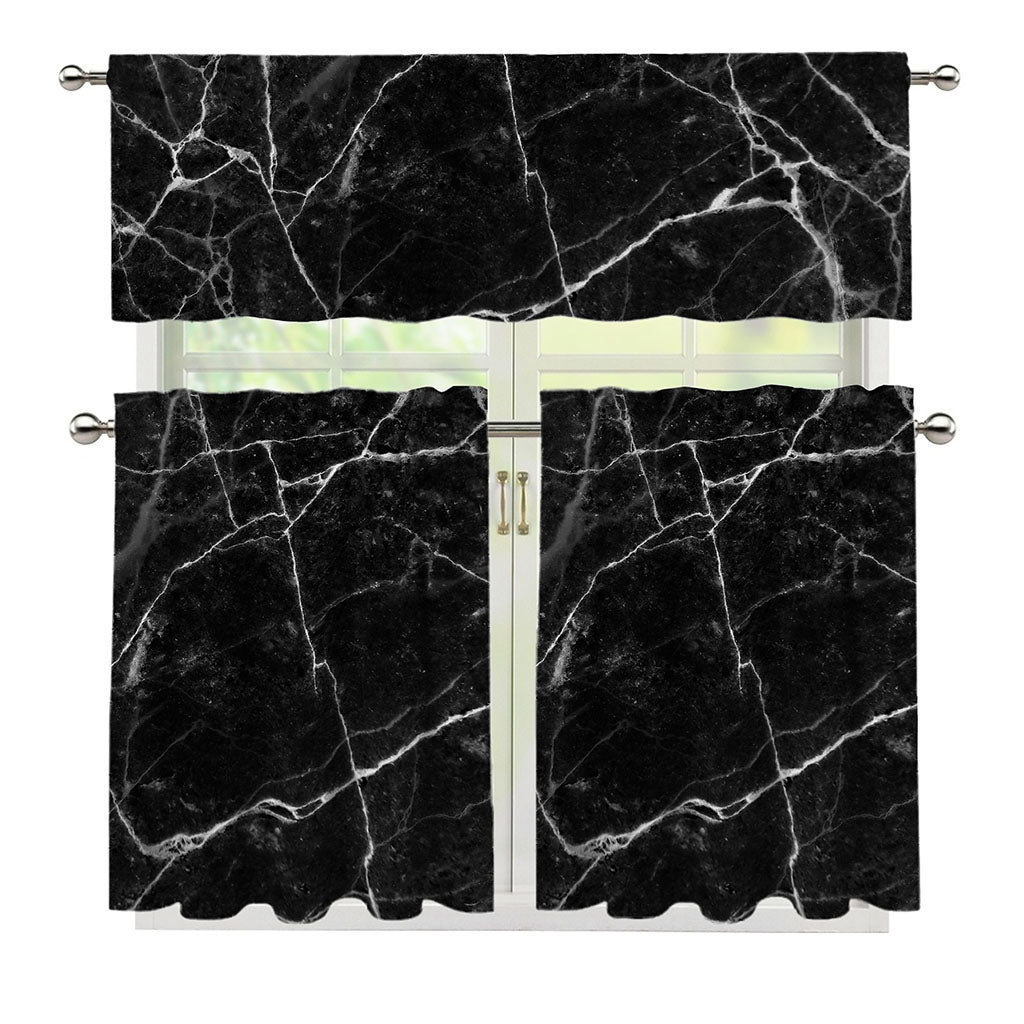 Black White Grunge Marble Print 3 Piece Kitchen Curtains