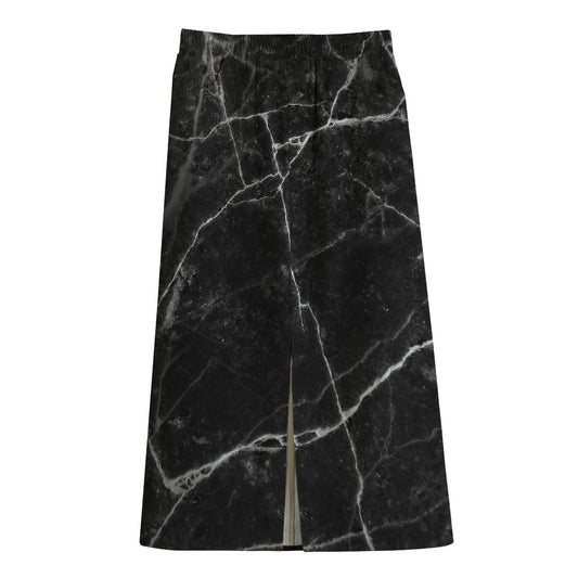 Black White Grunge Marble Print Cotton Front Slit Maxi Skirt