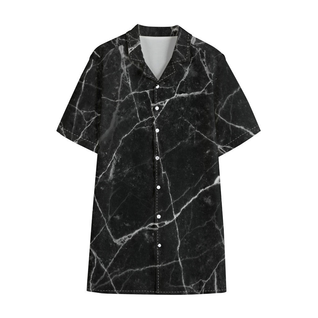 Black White Grunge Marble Print Cotton Hawaiian Shirt