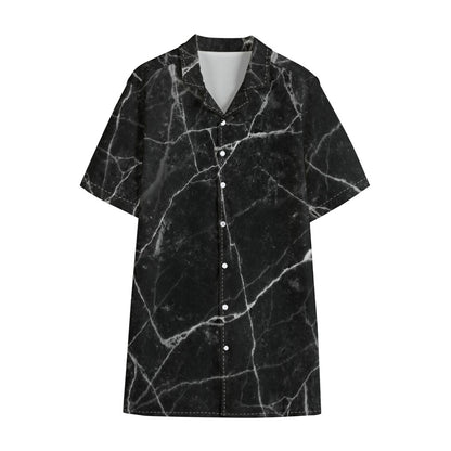Black White Grunge Marble Print Cotton Hawaiian Shirt