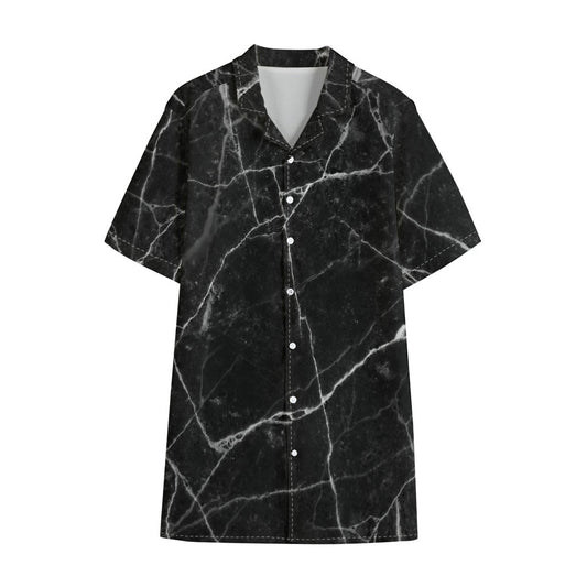 Black White Grunge Marble Print Cotton Hawaiian Shirt