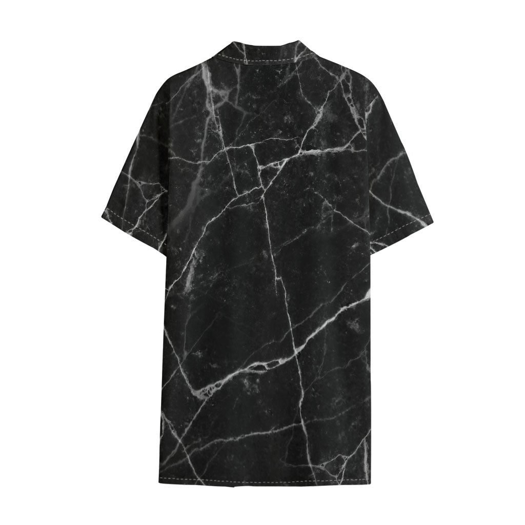 Black White Grunge Marble Print Cotton Hawaiian Shirt