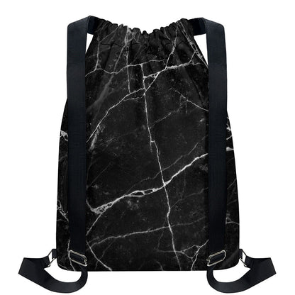 Black White Grunge Marble Print Drawstring Backpack