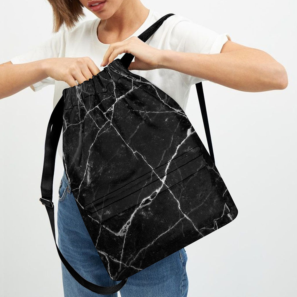 Black White Grunge Marble Print Drawstring Backpack