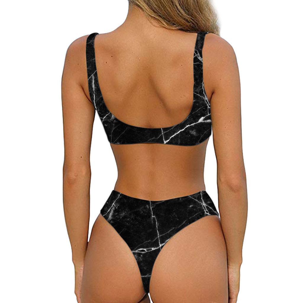 Black White Grunge Marble Print Front Bow Tie Bikini