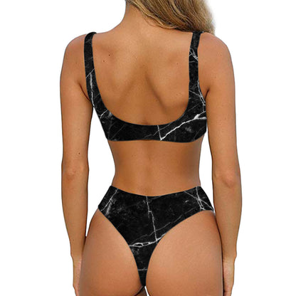 Black White Grunge Marble Print Front Bow Tie Bikini