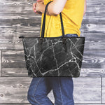 Black White Grunge Marble Print Leather Tote Bag