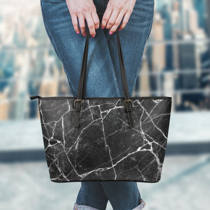 Black White Grunge Marble Print Leather Tote Bag